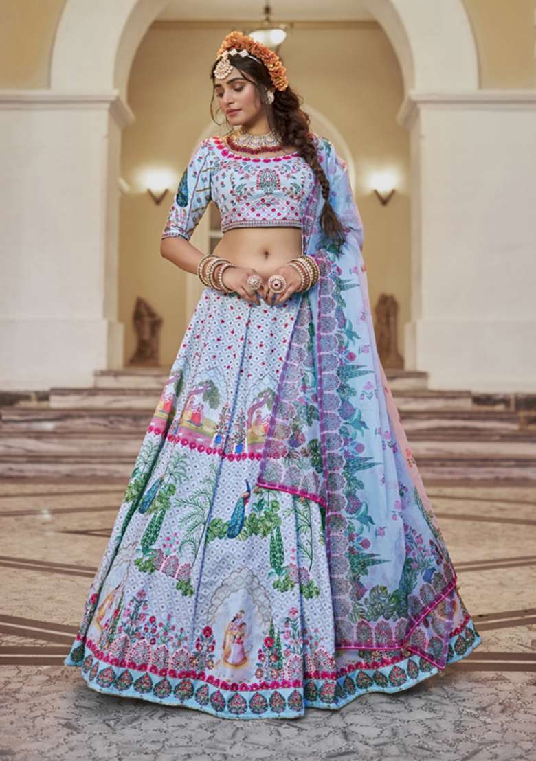 Olive Green Hand Work Banglori Lehenga Set - Indya