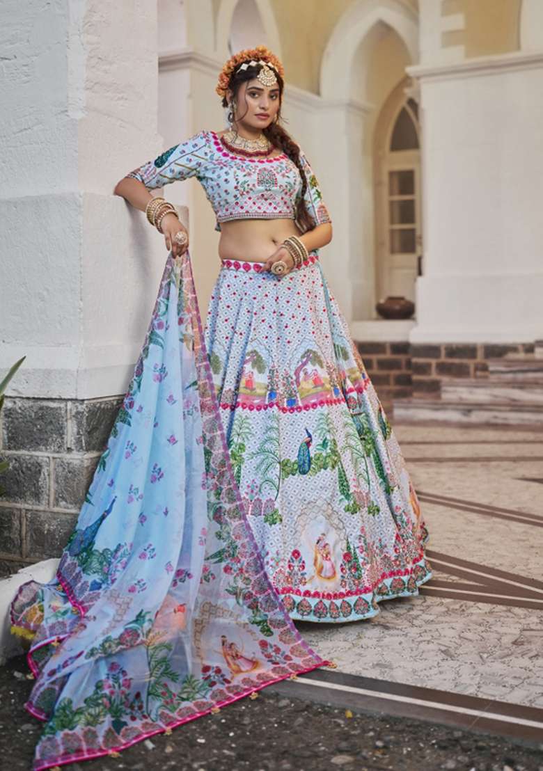 Olive Green Hand Work Banglori Lehenga Set - Indya