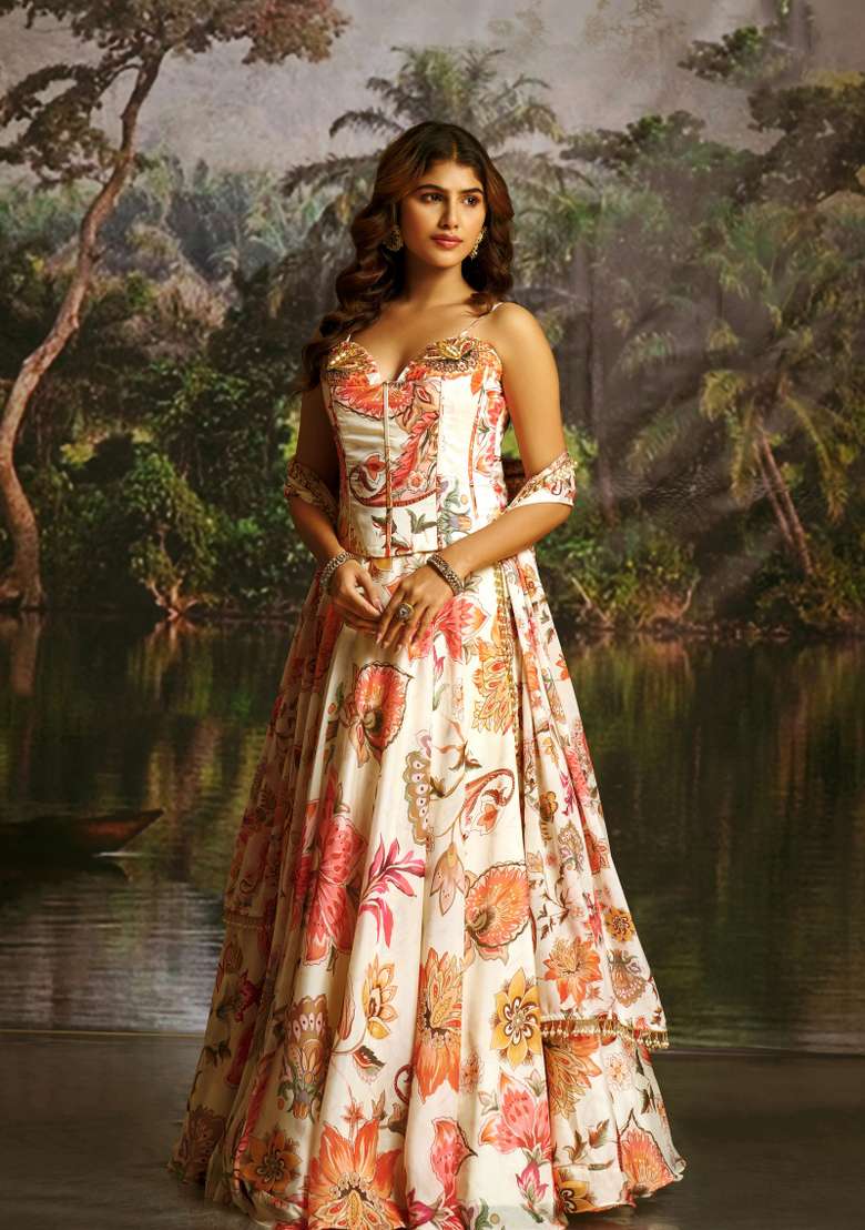 Off White Hand Work Georgette Lehenga Set - Indya