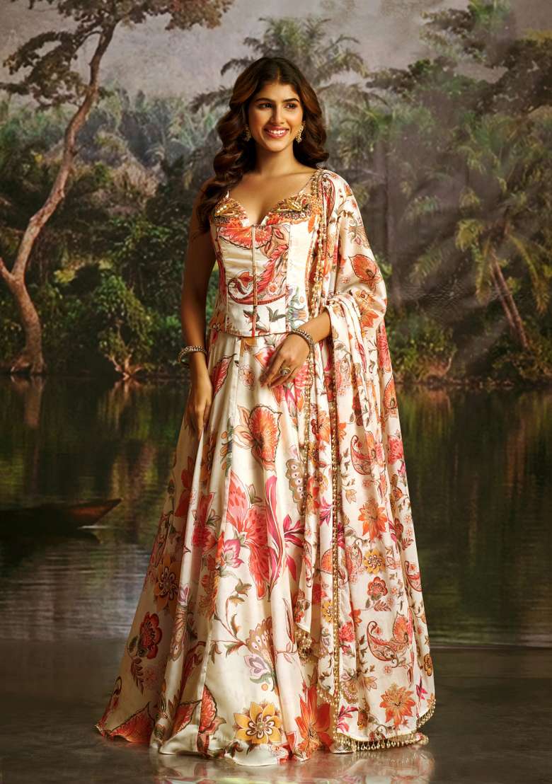 Off White Hand Work Georgette Lehenga Set - Indya