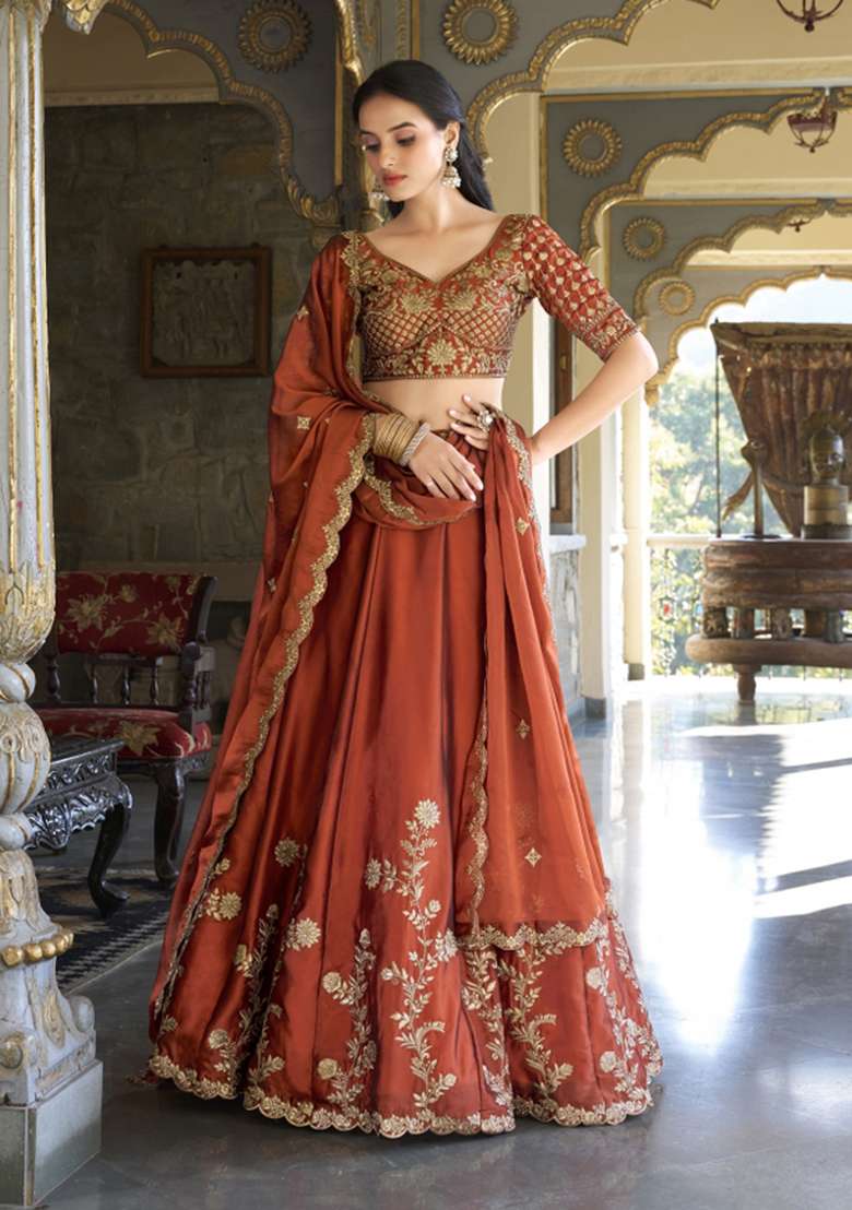 Rust Embroidered Silk Lehenga Set - Indya