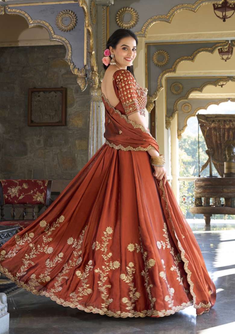 Rust Embroidered Silk Lehenga Set - Indya