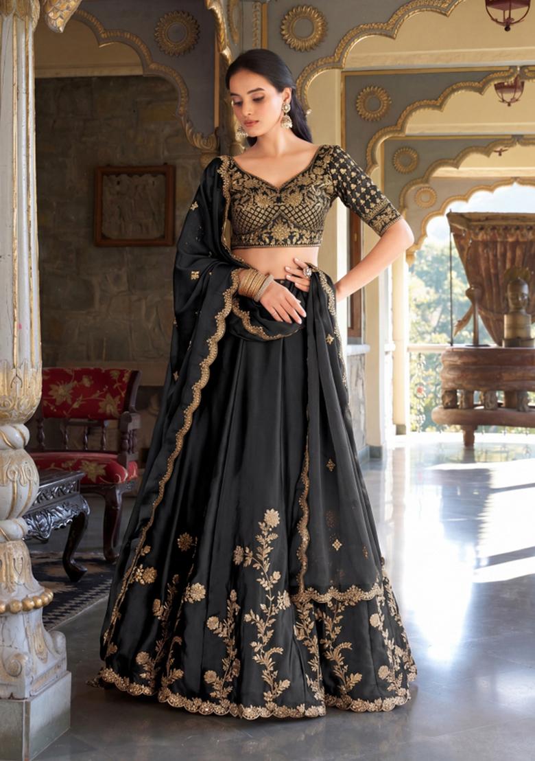 Black Embroidered Silk Lehenga Set - Indya