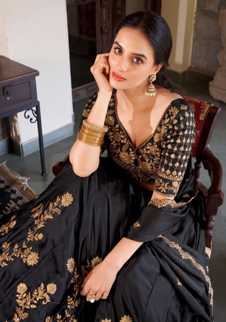 Black Embroidered Silk Lehenga Set - Indya