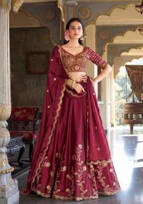 Rani Pink Embroidered Silk Lehenga Set for Diwali and Festive Wear