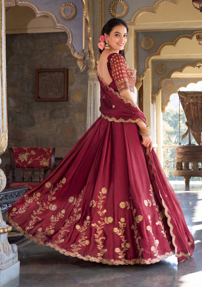 Rani Pink Embroidered Silk Lehenga Set for Diwali and Festive Wear - Indya