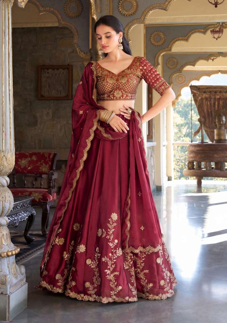 Rani Pink Embroidered Silk Lehenga Set for Diwali and Festive Wear - Indya