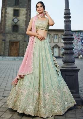 Mint Green Sequin Work Silk Lehenga Set for Diwali and Festive Wear