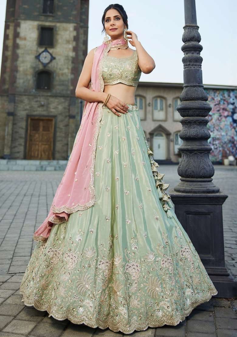 Mint Green Sequin Work Silk Lehenga Set for Diwali and Festive Wear - Indya