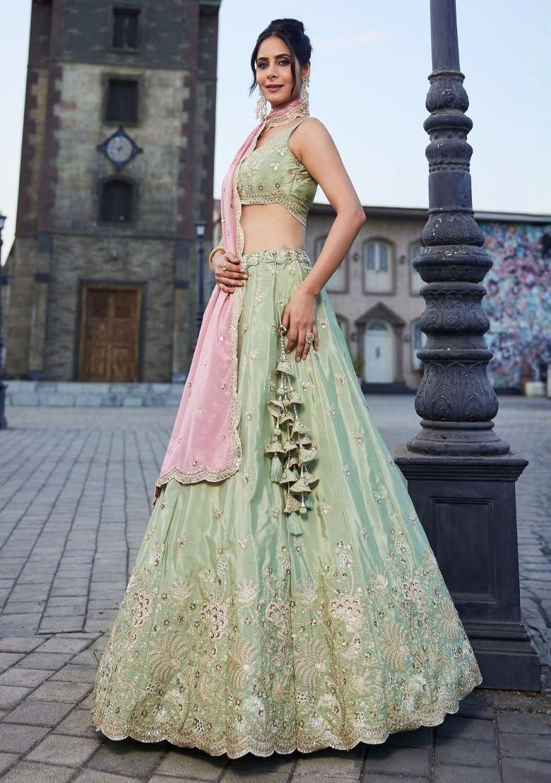 Mint Green Sequin Work Silk Lehenga Set for Diwali and Festive Wear - Indya