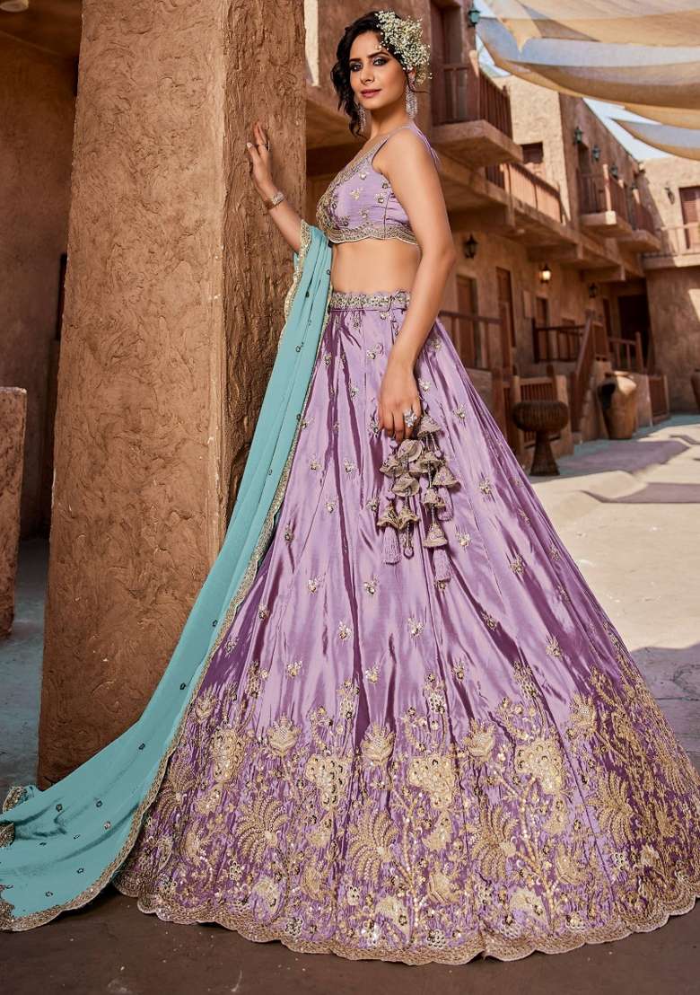 Lavender Sequin Work Silk Lehenga Set - Indya