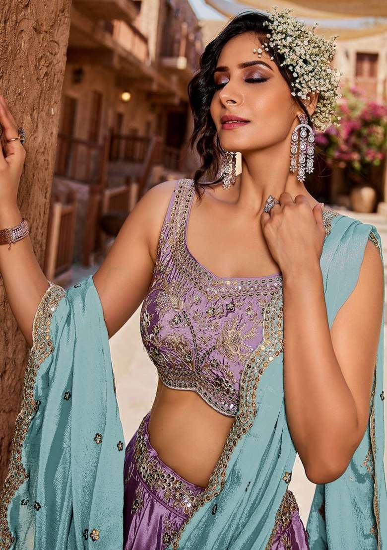 Lavender Sequin Work Silk Lehenga Set - Indya