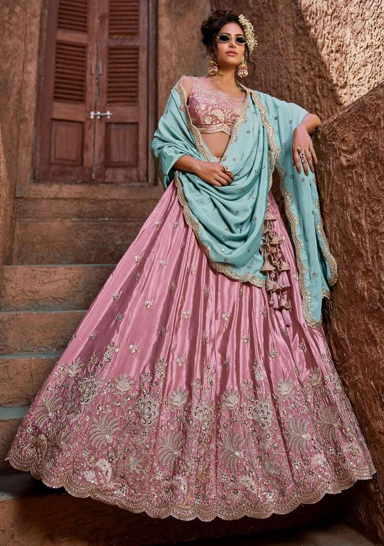 Baby Pink Sequin Work Silk Lehenga Set - Indya