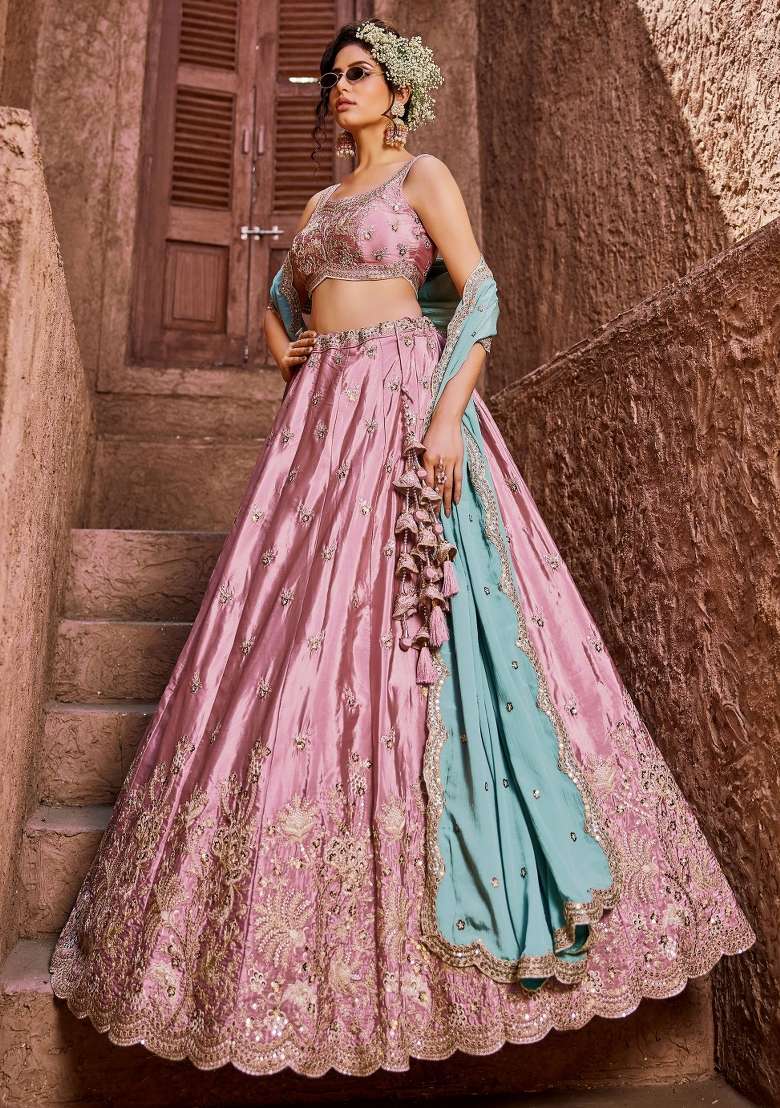 Baby Pink Sequin Work Silk Lehenga Set - Indya