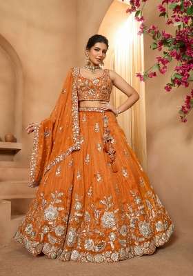 Rust Orange Work Tissue Lehenga Set with Sequin for Diwali | Wedding & Festive Wear
