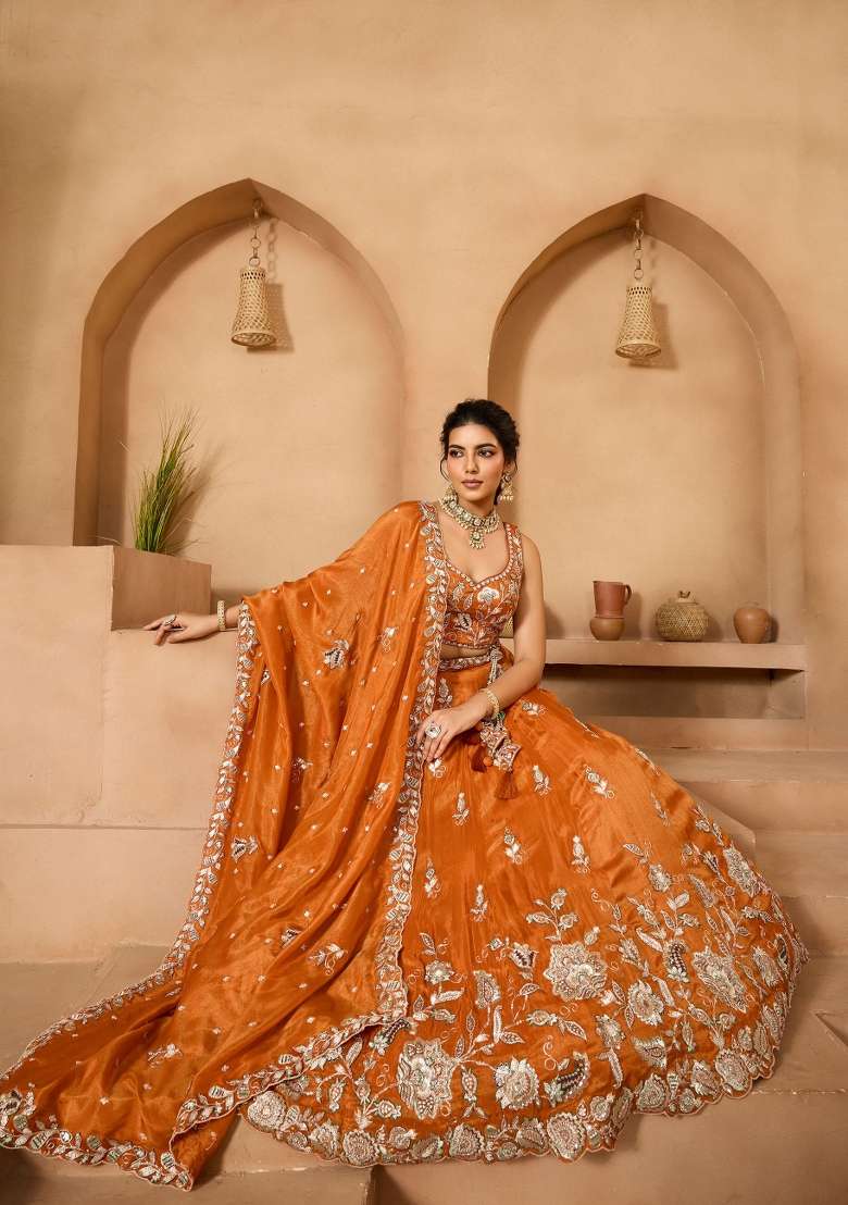 Rust Orange Sequin Work Tissue Lehenga Set - Indya