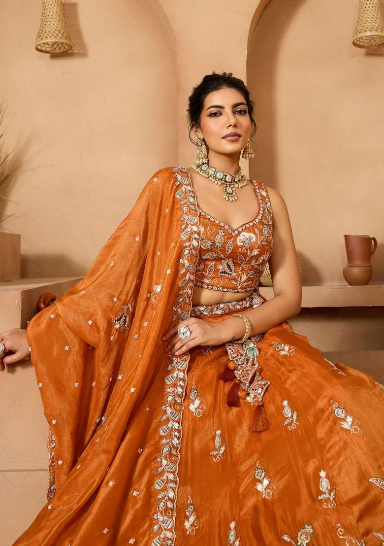 Rust Orange Sequin Work Tissue Lehenga Set - Indya
