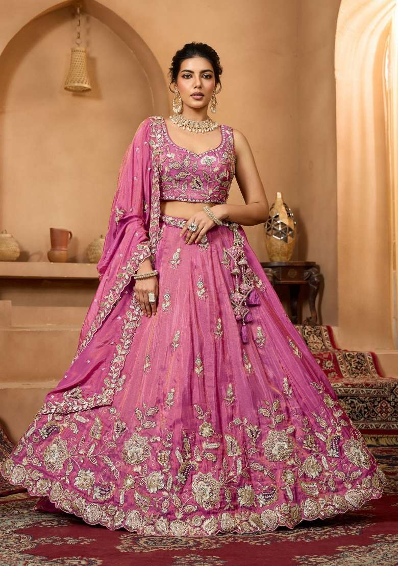 Rani Pink Sequin Work Tissue Lehenga Set - Indya
