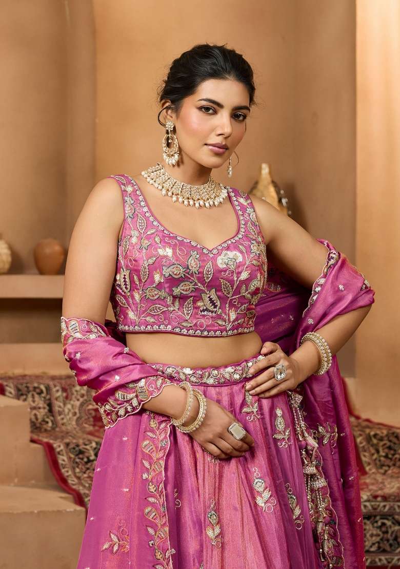 Rani Pink Sequin Work Tissue Lehenga Set - Indya