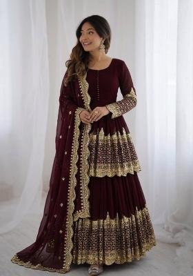Maroon Embroidered Georgette Lehenga Set