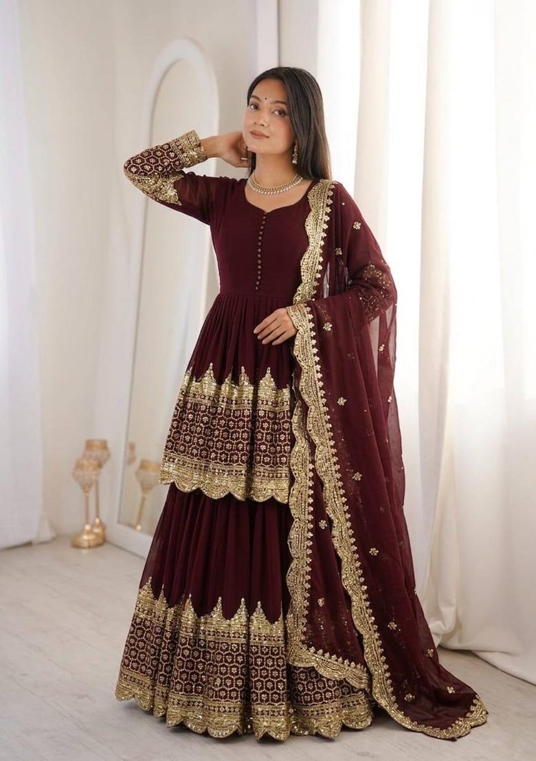 Maroon Embroidered Georgette Lehenga Set - Indya