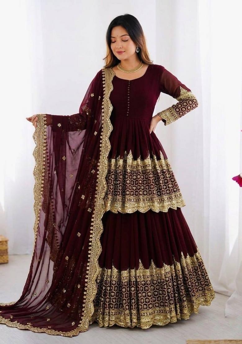 Maroon Embroidered Georgette Lehenga Set - Indya
