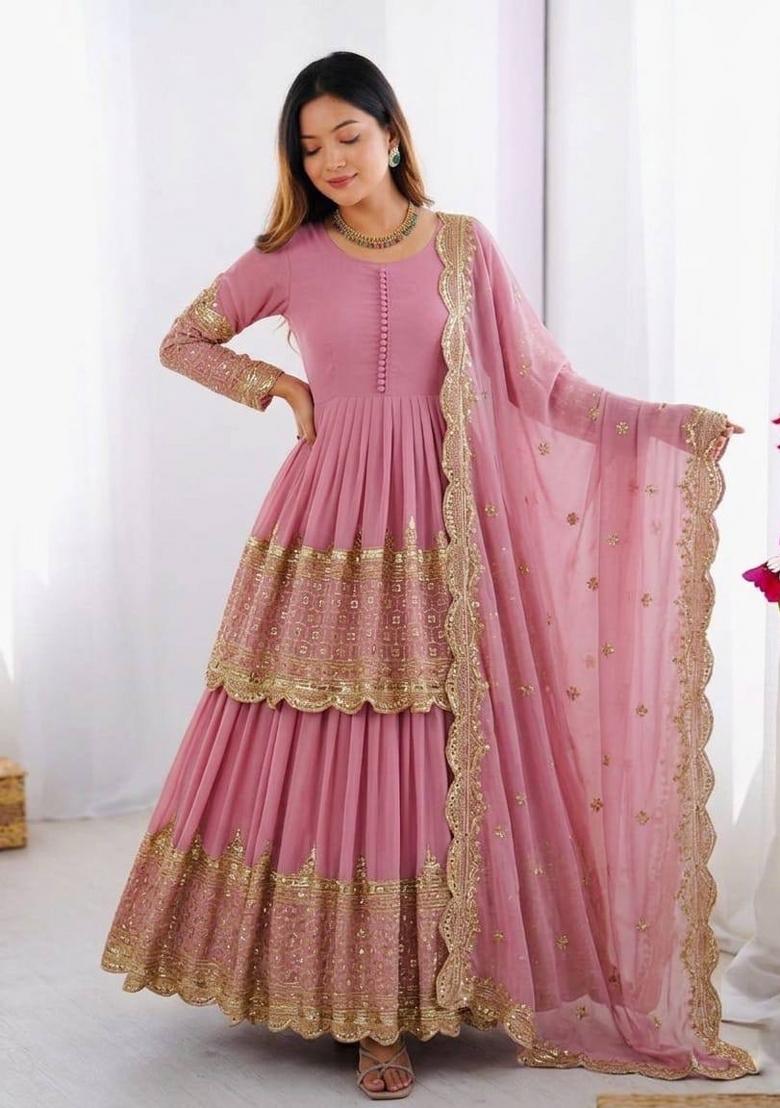 Pink Embroidered Georgette Lehenga Set - Indya