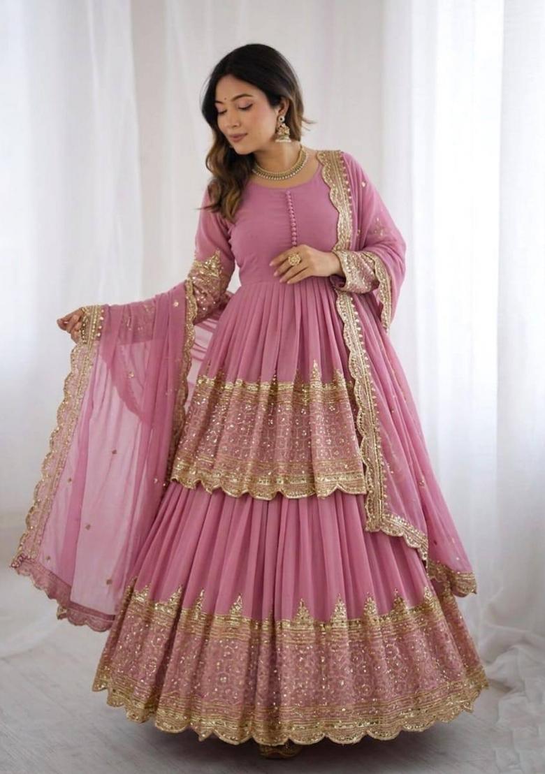 Pink Embroidered Georgette Lehenga Set - Indya