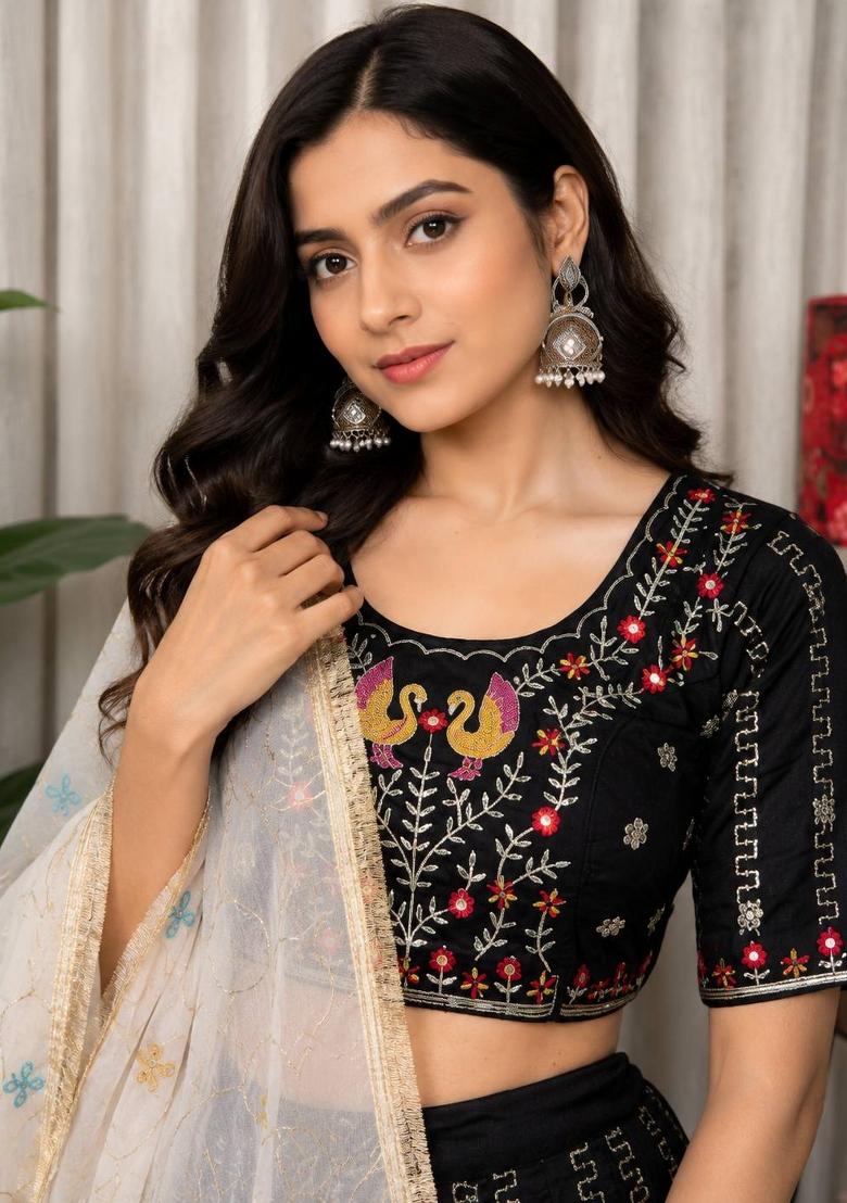 Black Embroidered Silk Lehenga Set - Indya
