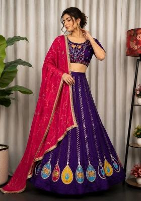 Purple Embroidered Silk Lehenga Set