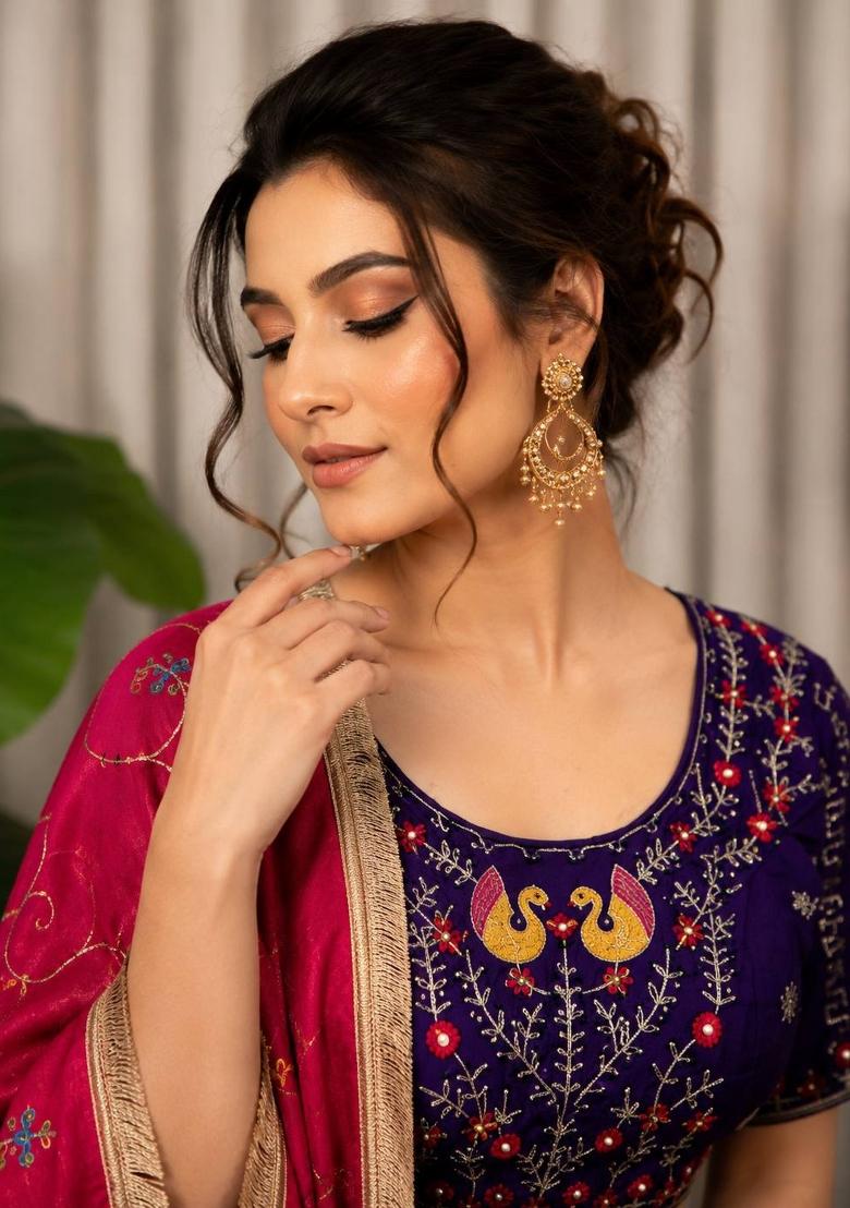 Purple Embroidered Silk Lehenga Set - Indya