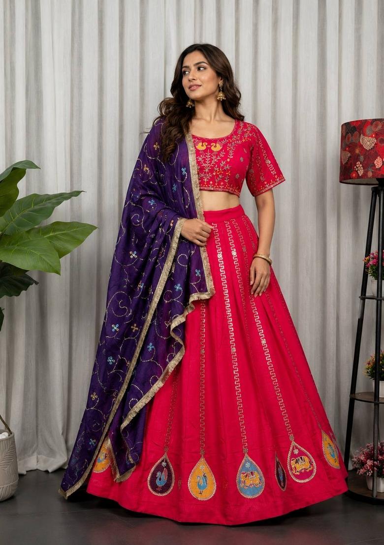 Pink Embroidered Silk Lehenga Set - Indya