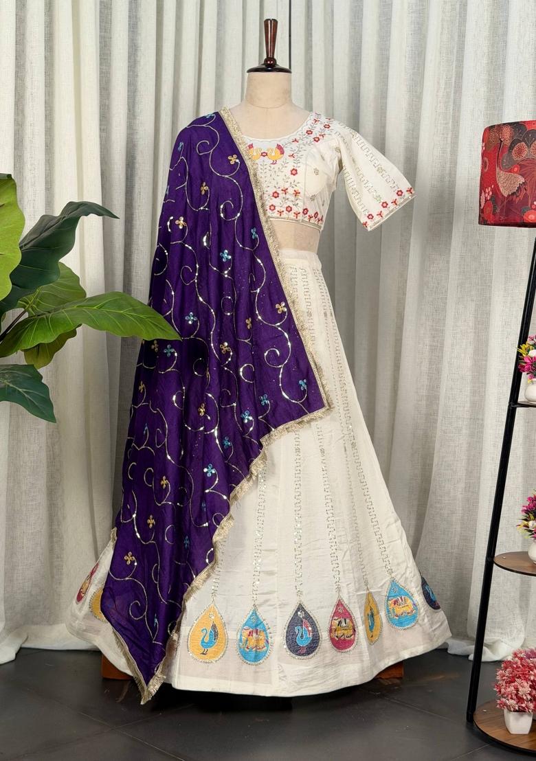 White Embroidered Silk Lehenga Set - Indya