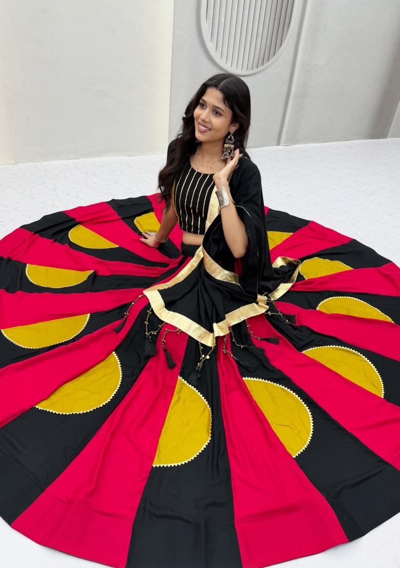 Black Gamthi Work Cotton Lehenga Set - Indya