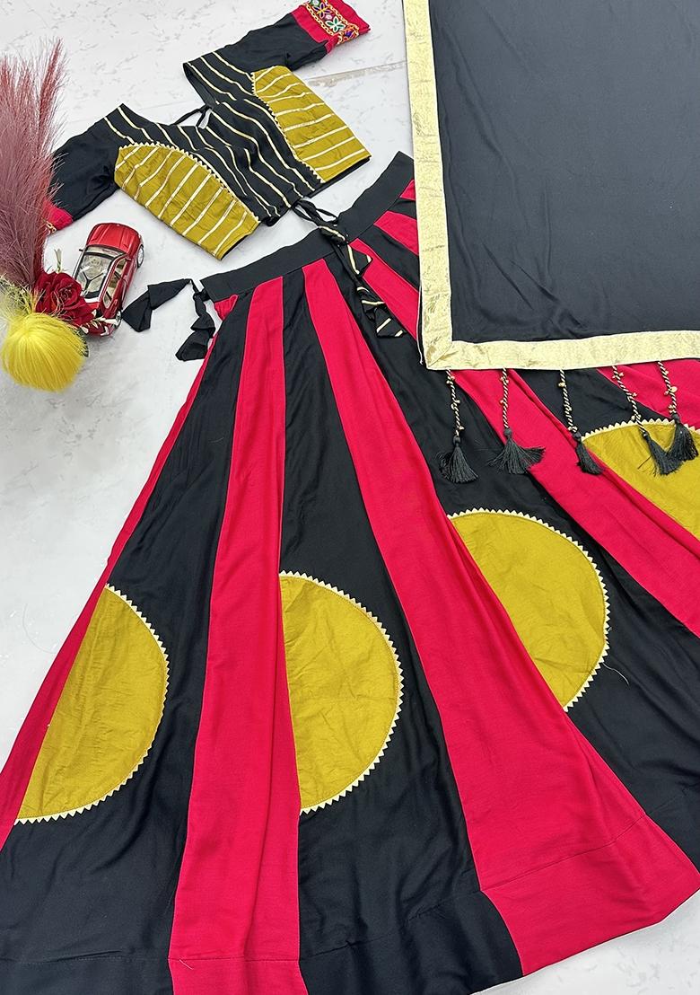 Black Gamthi Work Cotton Lehenga Set - Indya