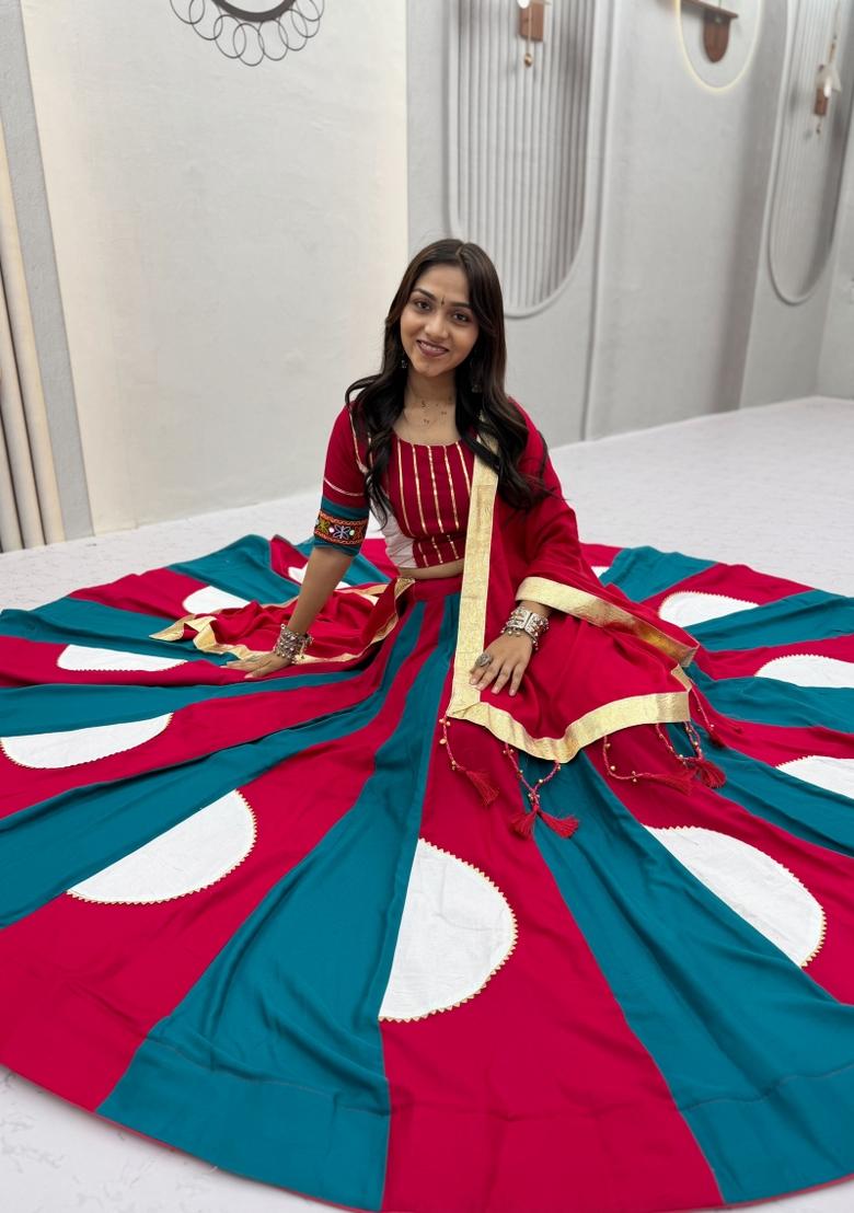 Red Gamthi Work Cotton Lehenga Set - Indya
