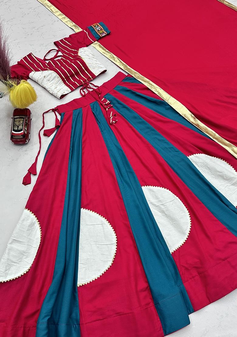 Red Gamthi Work Cotton Lehenga Set - Indya