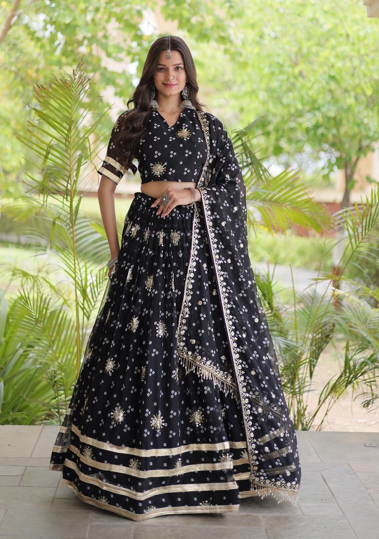 Black Embroidered Georgette Lehenga Set - Indya