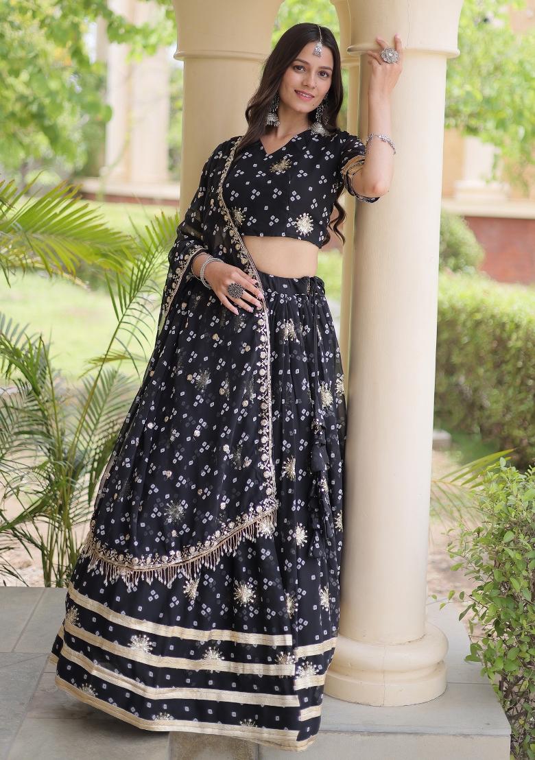 Black Embroidered Georgette Lehenga Set - Indya