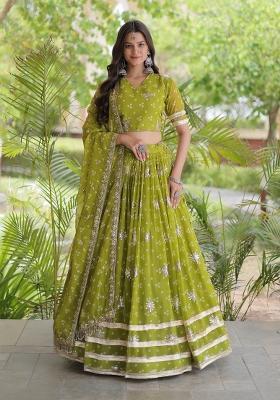 Perrot Green Embroidered Georgette Lehenga Set