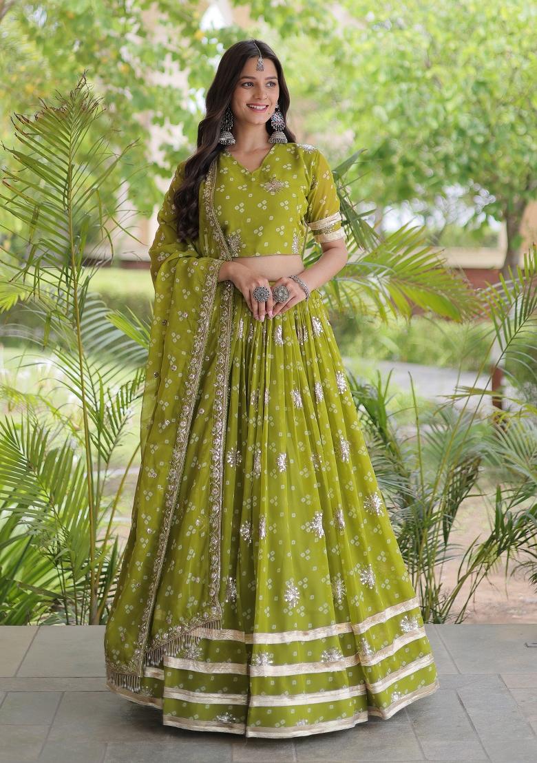 Perrot Green Embroidered Georgette Lehenga Set - Indya