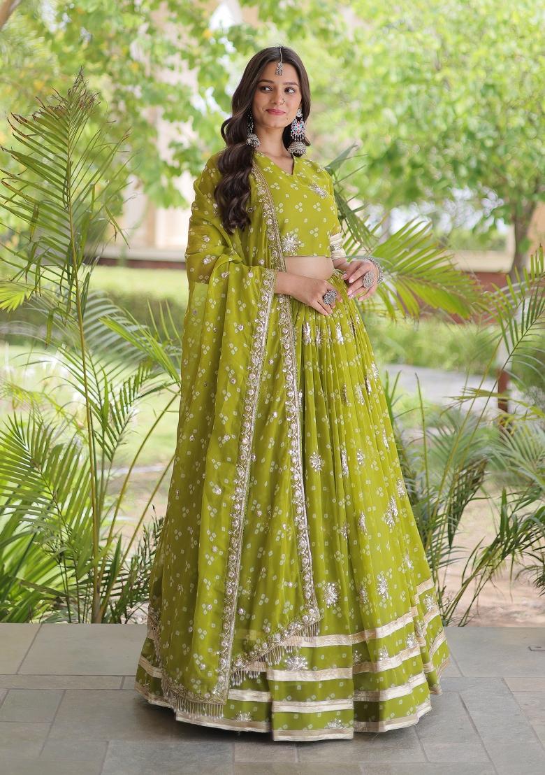 Perrot Green Embroidered Georgette Lehenga Set - Indya