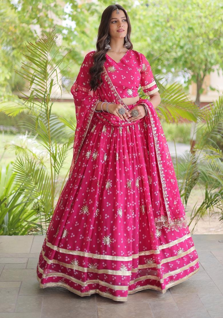 Pink Embroidered Georgette Lehenga Set - Indya