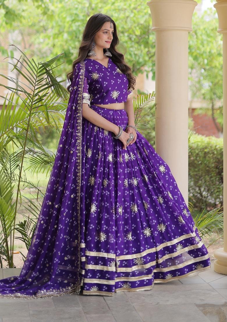 Purple Embroidered Georgette Lehenga Set - Indya