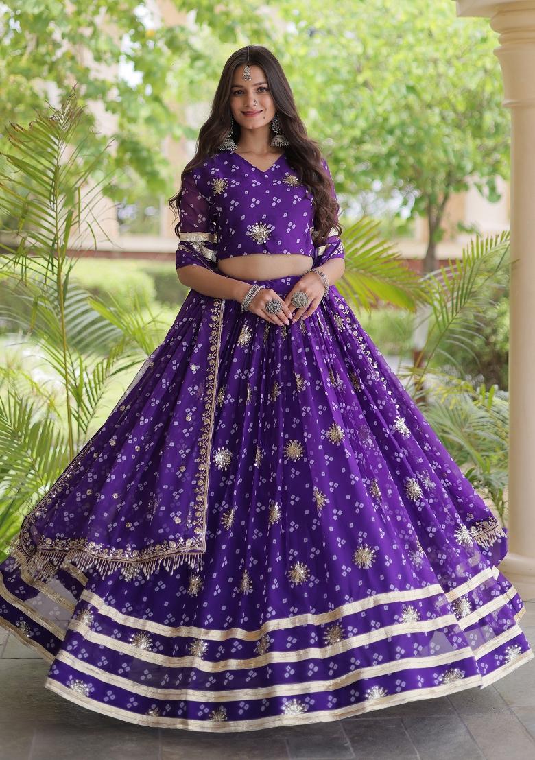 Purple Embroidered Georgette Lehenga Set - Indya
