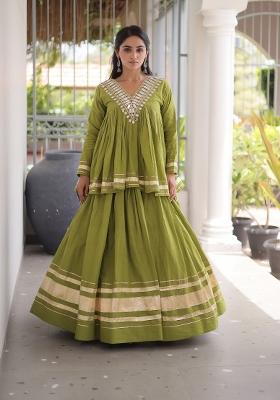 Perrot Green Zari Work Cotton Lehenga Set