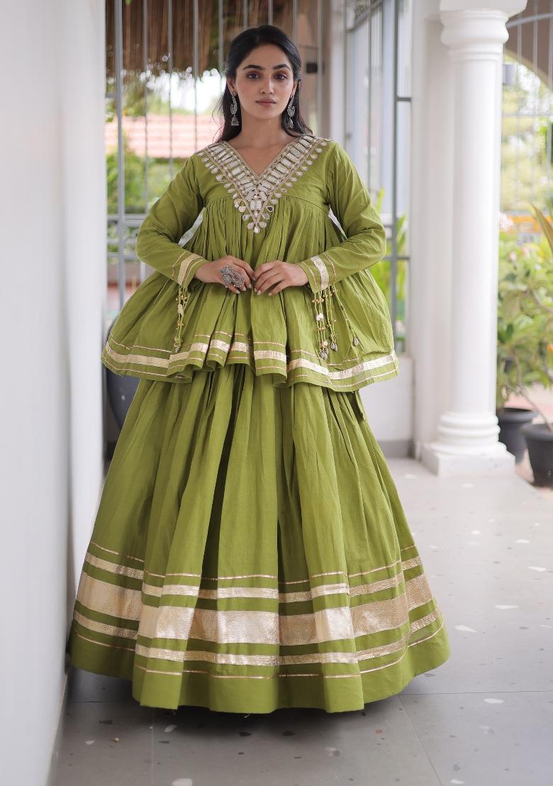 Perrot Green Zari Work Cotton Lehenga Set - Indya