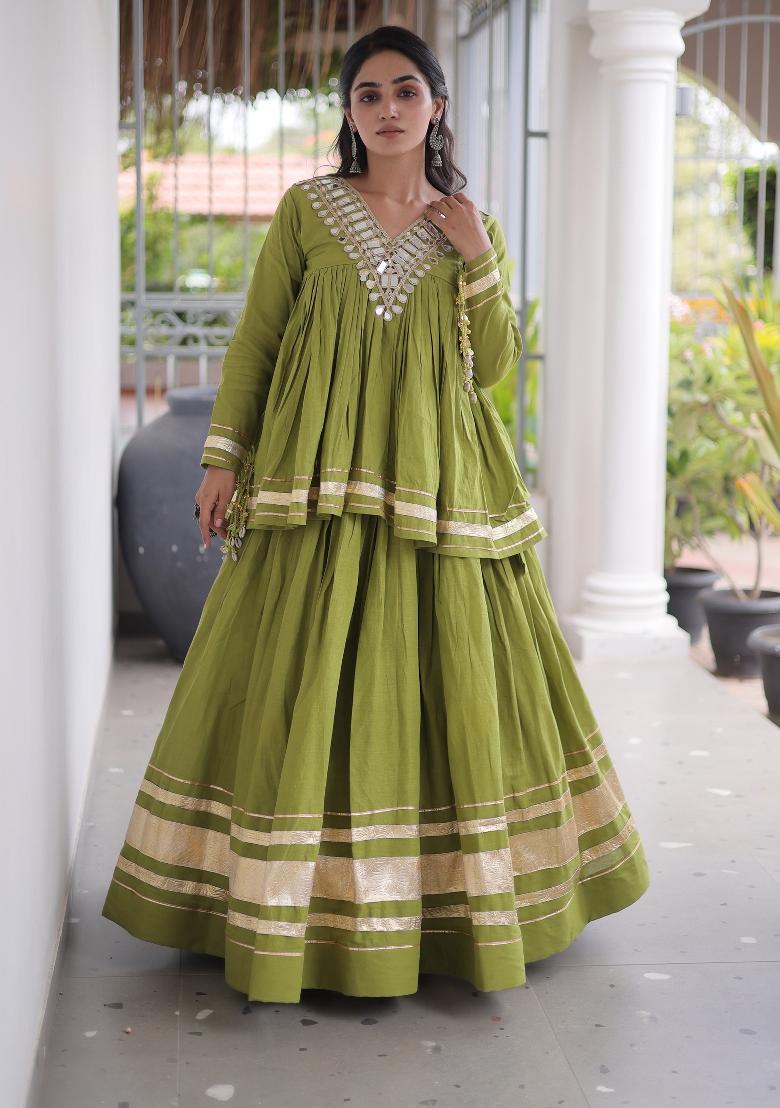 Perrot Green Zari Work Cotton Lehenga Set - Indya