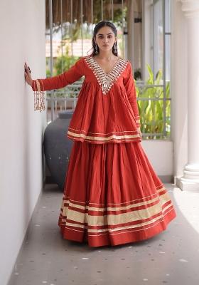 Rust Zari Work Cotton Lehenga Set
