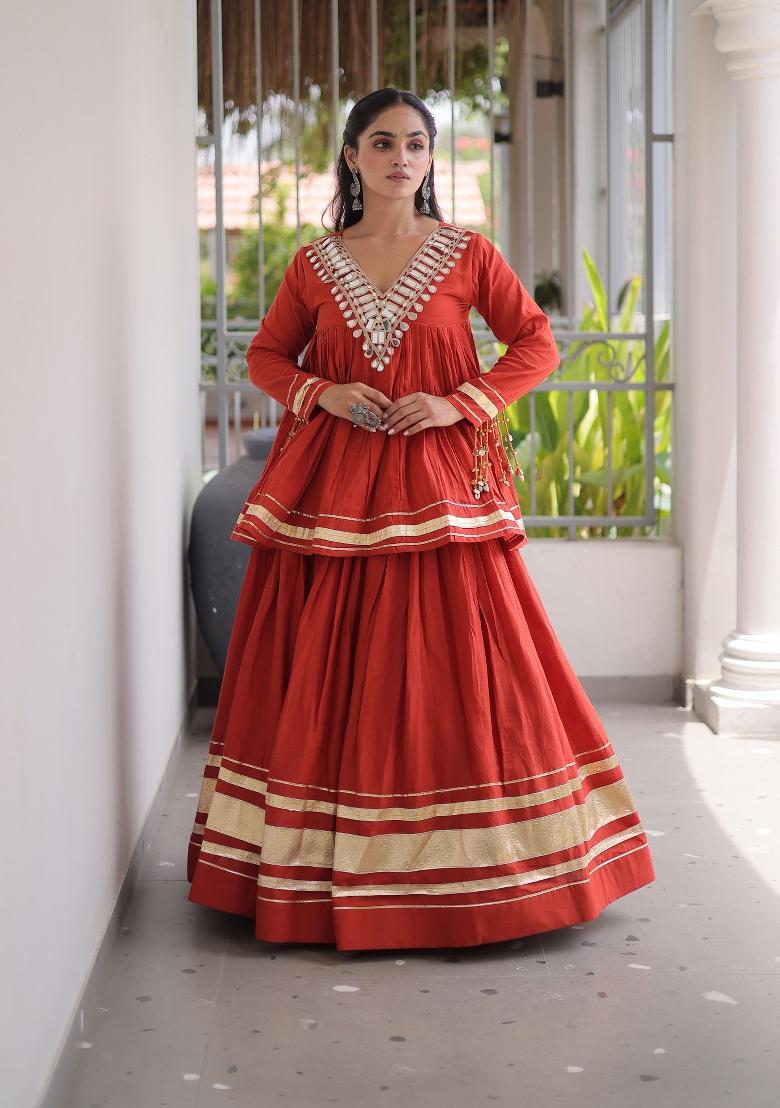 Rust Zari Work Cotton Lehenga Set - Indya